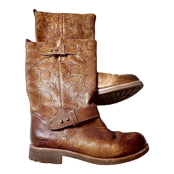 Coach Shoes - Coach "Virginia" Saddle Brown Signature Embossed Logo Boots Riding Size 5.5B